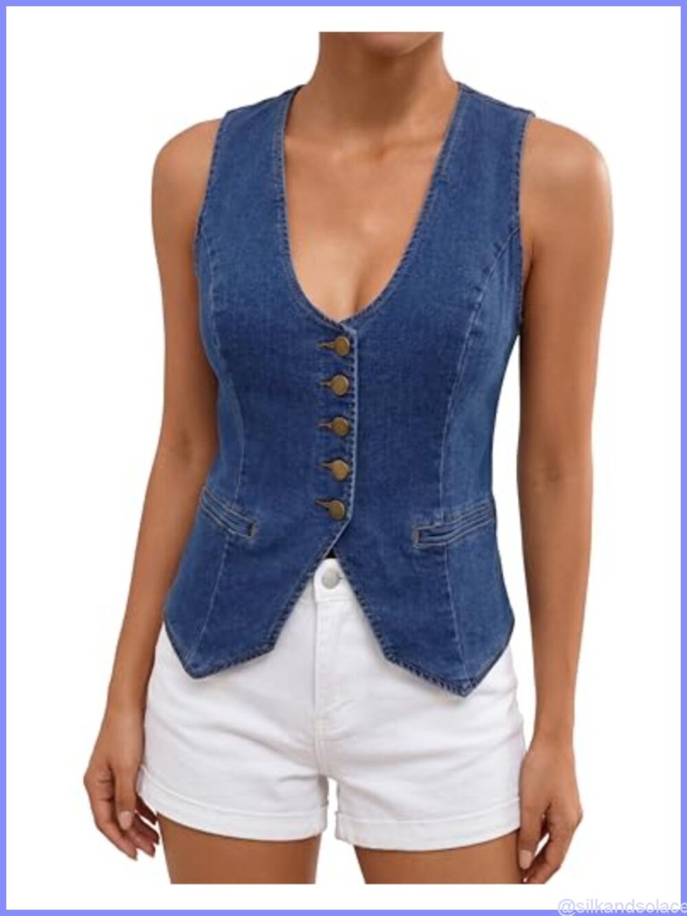 Women's Denim Vest Sleeveless V-Neck Button Down Fitted Casual